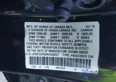 2019 Honda Civic Lx z USA, uszkodzony, nr VIN 2HGFC2F62KH550227